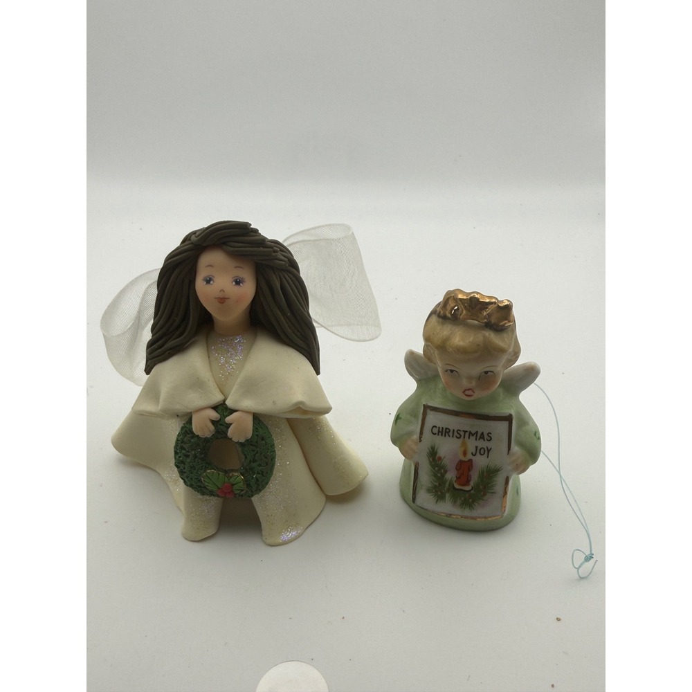 Vintage Christmas Angel Ornament Set Wreath Bell Ceramic Holiday Decor 2 Piece